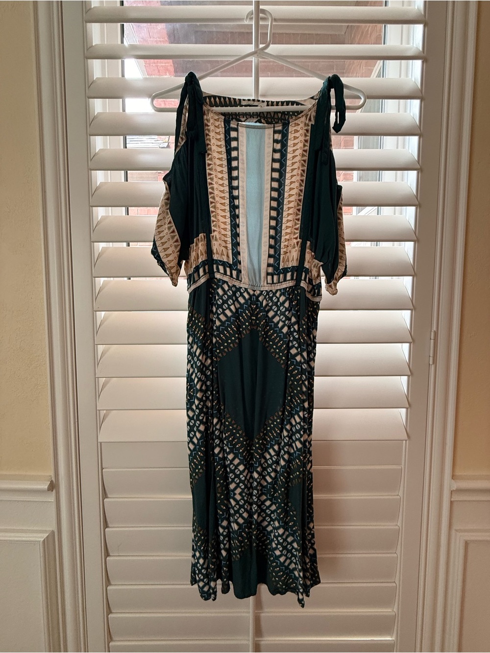 Anthropologie Floreat Teal and Cream Cold-Shoulder Midi Dress